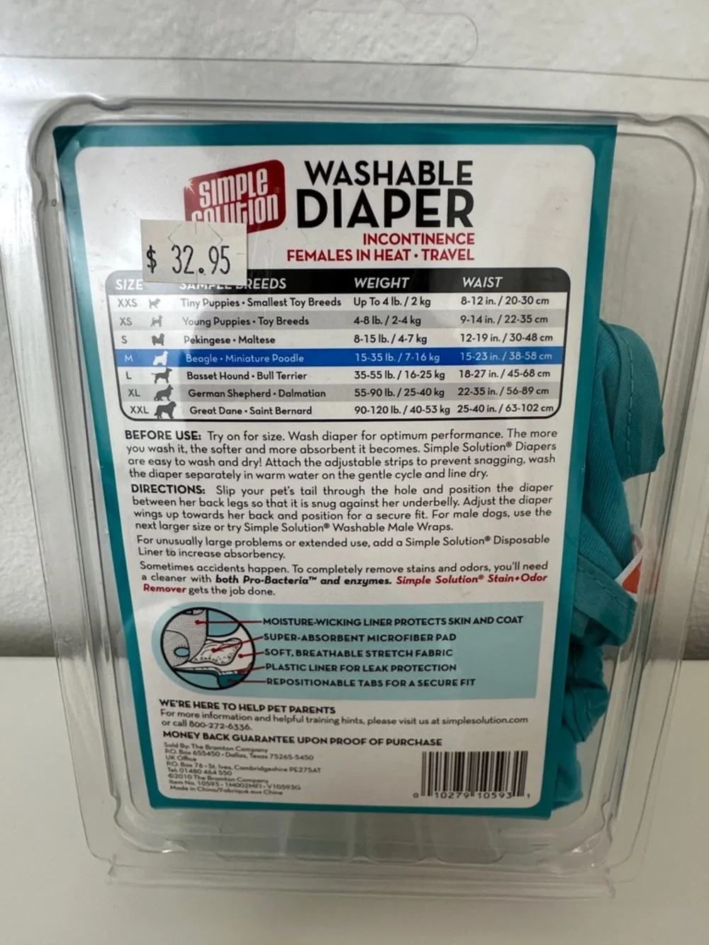 New! Washable Female Dog Diaper - Medium, Teal Blue Simple Solution Travel